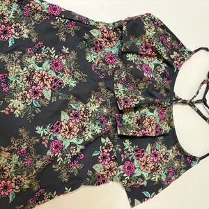 Floral Cold-Shoulder Women’s Top in Black with Pink Accents